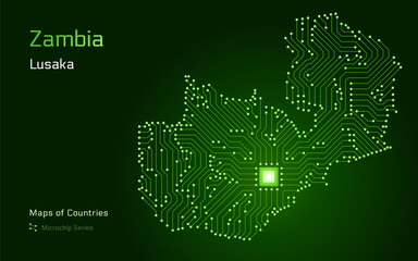 Zambia Map with a capital of Lusaka Shown in a Microchip Pattern. E-government. World Countries vector maps. Microchip Series	