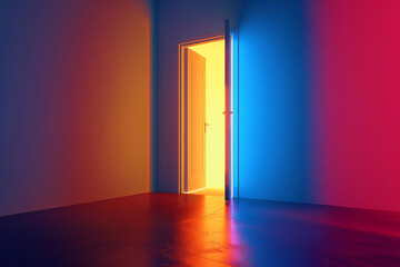 Open door in an empty room lit with colorful lights with space for text or inscriptions
