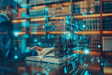 Futuristic Concept: Paralegal with document automation software, in legal office, filings and legal precedents visualized. Paralegal tech, document management. , background blur