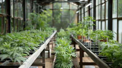 Rows of cannabis plants in a hydroponic setup inside a laboratory
