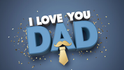 happy father's day message I LOVE YOU DAD in 3D render text, with tie, mustache an hat, blue background