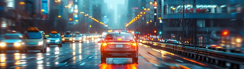 An urban landscape transformed by selfdriving cars and smart city technology, showcasing the future of urban mobility, Close up