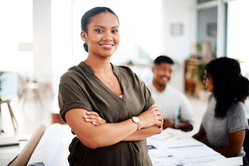 Architecture, arms crossed and portrait with designer woman in office for development or project...