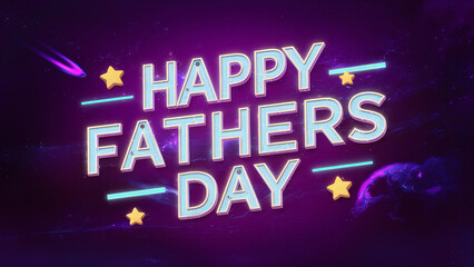 HAPPY FATHERS DAY 3D white text on purple background, neon style