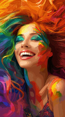 Joyful Woman with Vibrant Rainbow Hair, Radiating Positive Energy and Enjoying Freedom