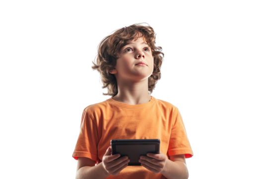A tech-savvy boy with a tablet in his hands, immersed in a virtual world of games and adventures in a modern studio setting, isolated on white background.