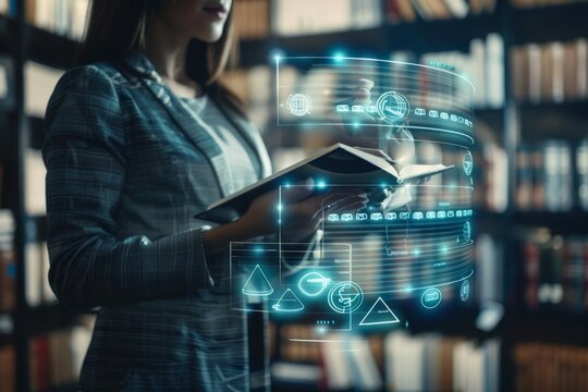 Futuristic Concept: Paralegal with document automation software, in legal office, filings and legal precedents visualized. Paralegal tech, document management. , background blur