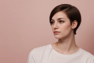 Thoughtful androgyne woman against a pink background with copy space.