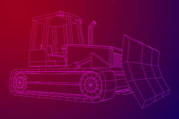 Big front-end loader bulldozer. Heavy equipment machine and manufacturing equipment for mining. Wireframe low poly mesh vector illustration.