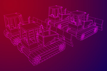 Big front-end loader bulldozer. Heavy equipment machine and manufacturing equipment for mining. Wireframe low poly mesh vector illustration.