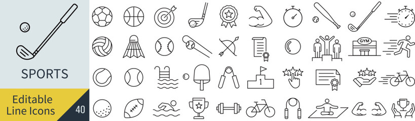 線の編集ができるスポーツのオフィスのアイコンセット（アウトライン化していない） © syoko