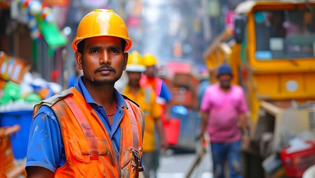 Recognizing the crucial role of sanitation workers in keeping streets clean. Concept Sanitation Workers, Street Cleanliness, Public Health, Essential Services, Recognition