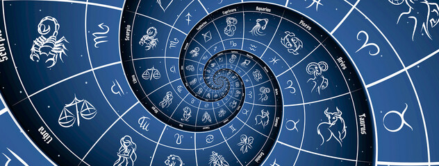 Blue astrological background. Concept of horoscope, mystery, magic, astrological sign.