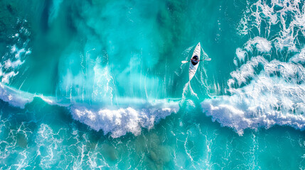 Aerial view of a kayaker paddling through crystal-clear turquoise waters and white ocean waves....