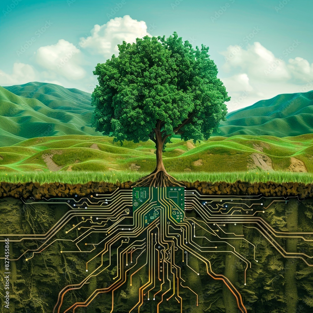 Poster a conceptual image showing a tree with roots connected to a network of technological circuits, symbo
