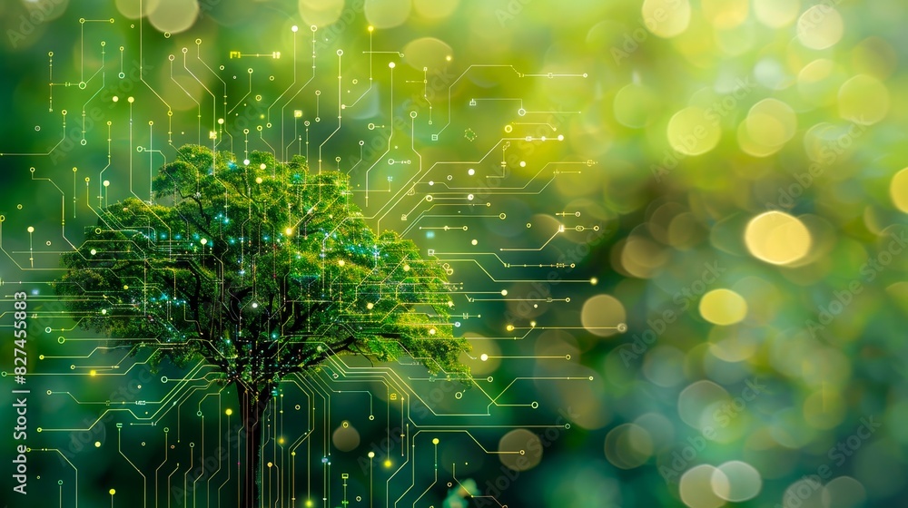 Poster a digital concept integrating technology and nature, featuring a tree with circuit board overlay on 