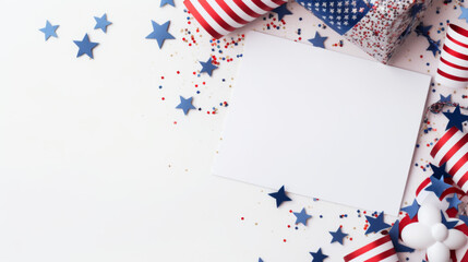 Obraz premium 4th of July mockup featuring a blank greeting card, surrounded by red, white, and blue stars and stripes, perfect for personalized messages or artwork, patriotic and festive
