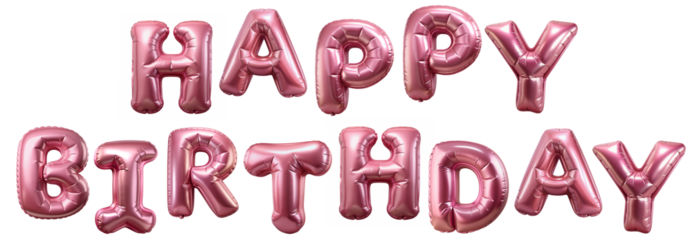 Foil pink 3d birthday metallic helium balloon text Happy Birthday isolated on cutout PNG file. 