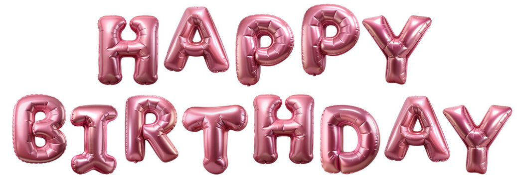 Foil pink 3d birthday metallic helium balloon text Happy Birthday isolated on cutout PNG file. 