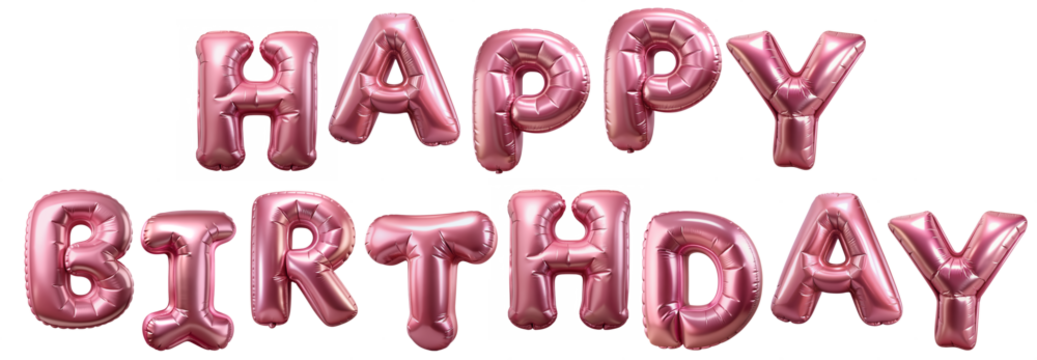 Foil pink 3d birthday metallic helium balloon text Happy Birthday isolated on cutout PNG file. 