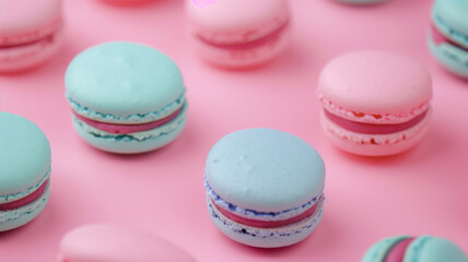 Obraz premium たくさんのカラフルなマカロン ピンク背景