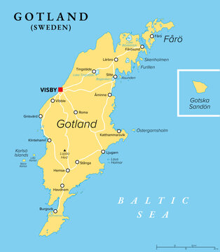 Gotland, political map. Largest island of Sweden, fully encompassed by Baltic Sea. Province Gotland with capital Visby includes the island Faroe, Gotska Sandoen and Karlsoe Islands Lilla and Stora.