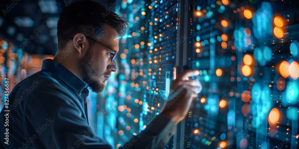 Poster activating a futuristic server with holographic interface in a digital data center. concept futurist
