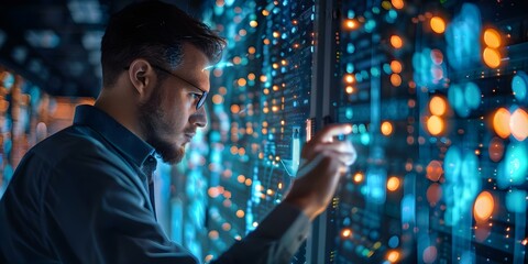 Activating a Futuristic Server with Holographic Interface in a Digital Data Center. Concept Futuristic Technology, Holographic Interface, Digital Data Center, Server Activation, Advanced Innovation