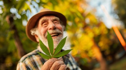 Elderly Man with Cannabis Leaf for Senior Health and Well-being