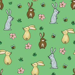 Cute little bunnies on green background. Seamless pattern illustration for any children design