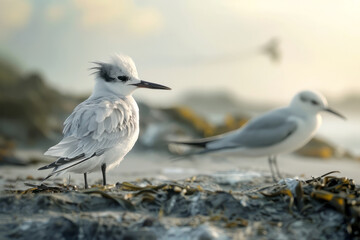 Obraz premium White birds on the sea shore close up, selective focus 