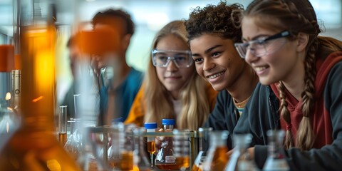 A group of diverse high school students conduct chemistry experiments together. Concept Students, Chemistry, Experiments, High School, Diversity