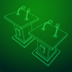 Speaker Podium Rostrum. Tribune Stand with Microphones. Debate, press conference concept. Wireframe low poly mesh vector illustration