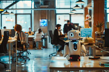 Robot works in an office among people. IT team of the future. The concept of artificial intelligence and people working in the future