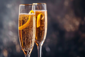 Two glasses of champagne with orange peel close up on a beautiful background with space for text or inscriptions
