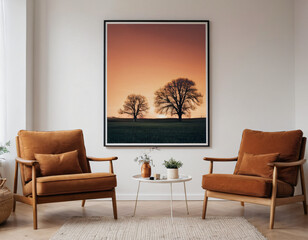 Two armchairs in room with white wall and big frame poster on it. Scandinavian style interior design of modern living room.