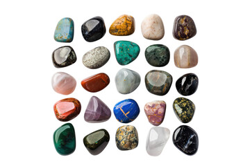 A selection of tumbled healing stones, perfect for carrying in your pocket or adding to your meditation practice, isolated on white background.