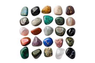 A selection of tumbled healing stones, perfect for carrying in your pocket or adding to your meditation practice, isolated on white background.