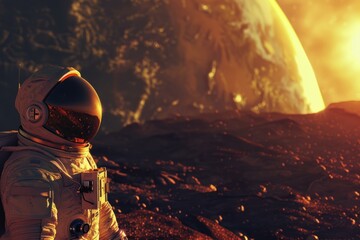 Space explorer surveys a rocky landscape with a giant sun on the horizon of an extraterrestrial world