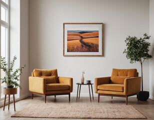 Two armchairs in room with white wall and big frame poster on it. Scandinavian style interior design of modern living room.