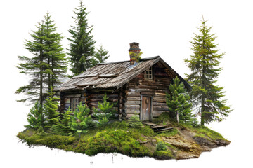 A rustic cabin nestled amidst a lush evergreen forest, with the treeline forming a picturesque backdrop, isolated on white background.