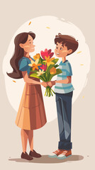 Little Boy Presenting Bouquet of Spring Flowers to Adult Woman, Son Giving Blossoms to Mother, Teacher or Caregiver on Mother's Day Holiday