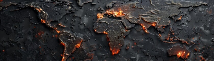 Oil and Carbon Covered World Map Burning