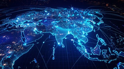 Concept of global network and connectivity over Asia map, showcasing data transfer and cyber technology