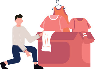 The boy is collecting clothes to donate.