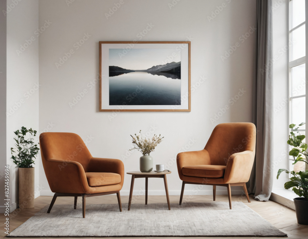 Sticker two armchairs in room with white wall and big frame poster on it. scandinavian style interior design