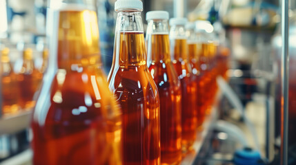 Close-up of beverage bottles on a production line in a factory, highlighting the manufacturing process with a focus on the liquid.

