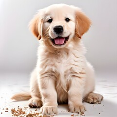 Fototapeta premium golden happy feeding dog puppies retriever puppy cute pet smiling, AI Generated
