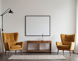 Two armchairs in room with white wall and big frame poster on it. Scandinavian style interior design of modern living room.