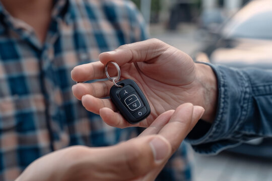Close-up Handover of Car Keys Outdoors